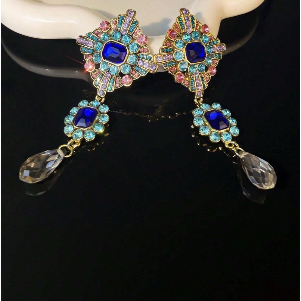 Colorful Crystal, Rhinestone Drop Medallion Dangle Vintage Look Party Earrings - Picture 8 of 10
